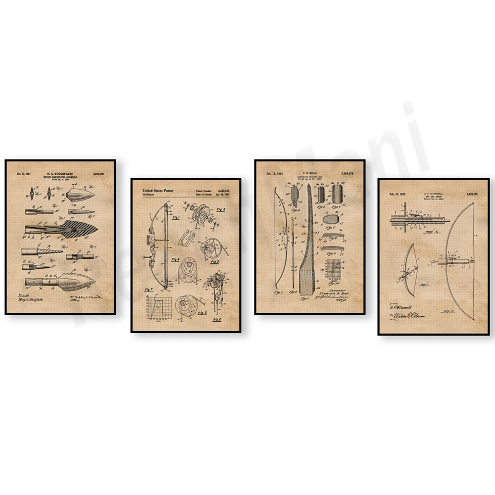Outdoor Hunting Paintings - Stampa brevettata vintage con arco e